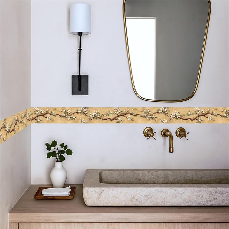 IOHEFY Vintage Blossom Wallpaper Border 196x4 Inch Beige Floral Branch Peel and Stick Wall Border Removable Decorative Vinyl Trim for Bathroom Bedroom Kitchen Living Room Decor - Image 3